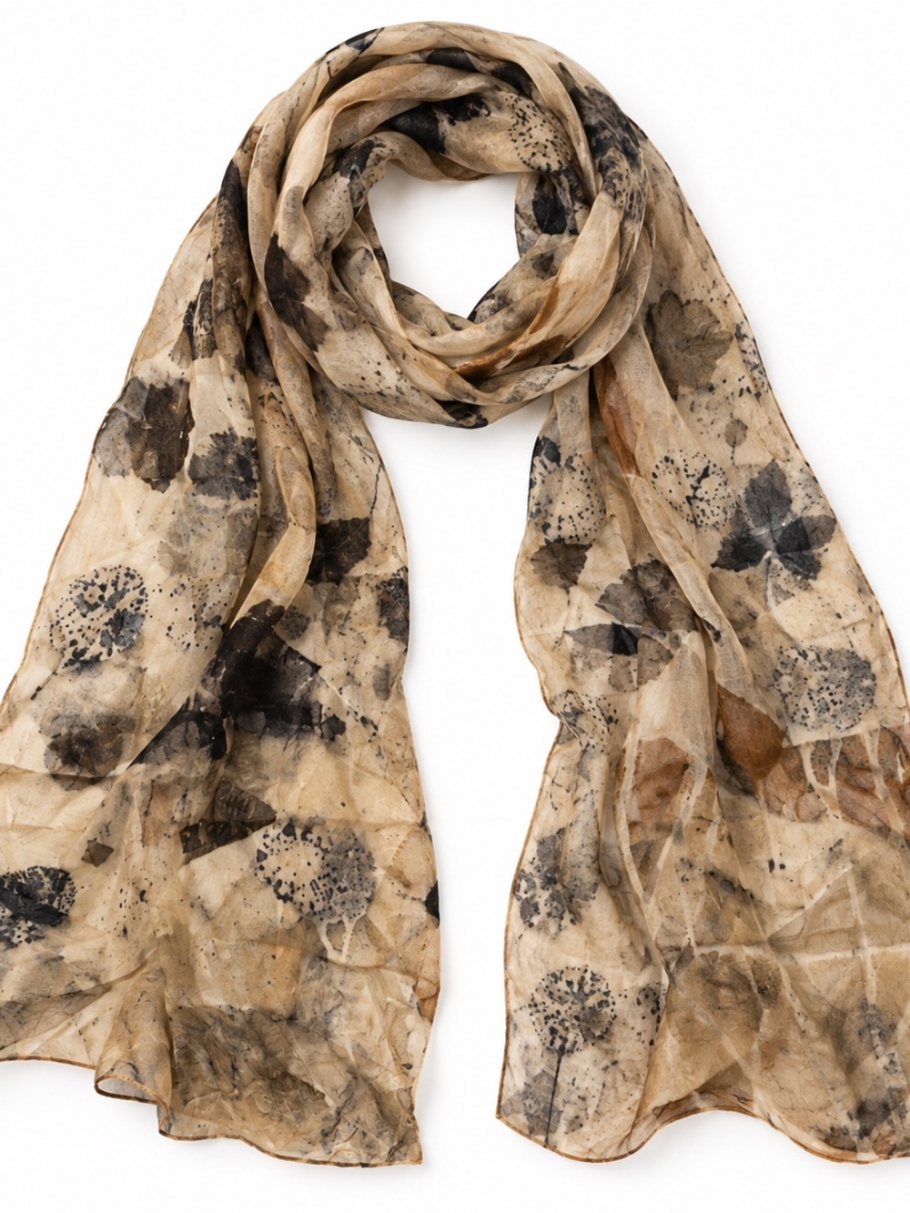Floral Silk Feel Hand Rolled Twilly Neck Scarf Beige Brown